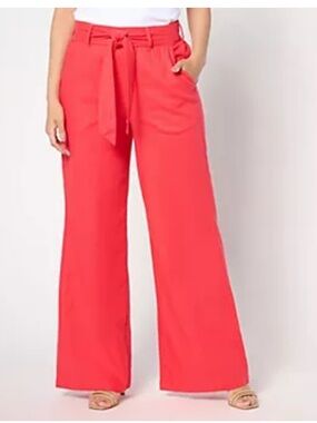 Lawrence Zarian Stretch Linen Blend‎ Wide-Leg Tie-Waist Pant Coral Red Size XS